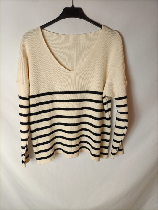 OTHERS.Blue striped V-neck sweater. Size, M