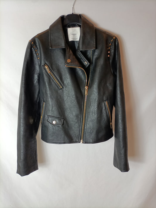 MANGO. Black leather-effect biker jacket