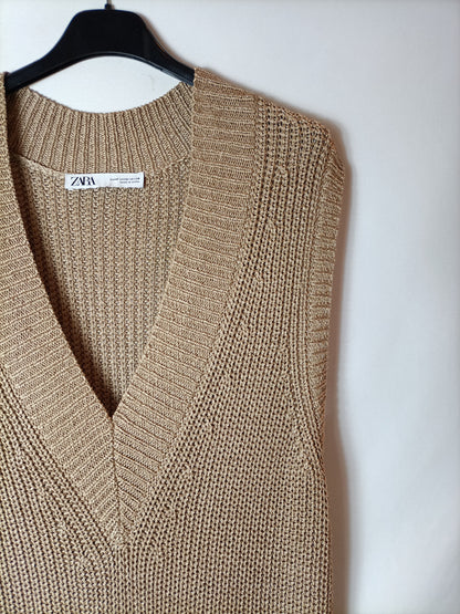 ZARA, Chaleco/vestido punto ocre. T M