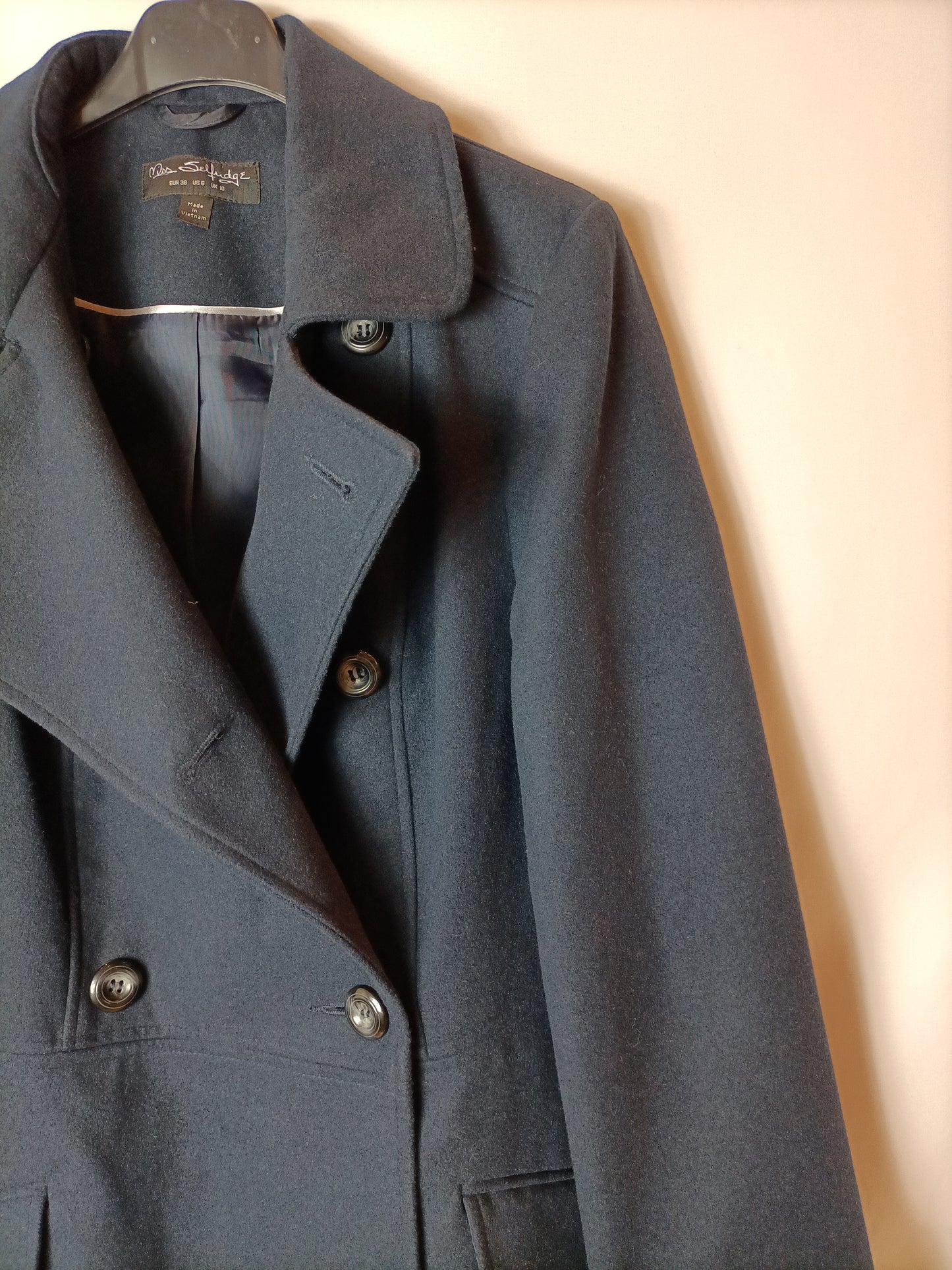 MISS SELFRIDGE. Navy blue cloth coat. Size 38