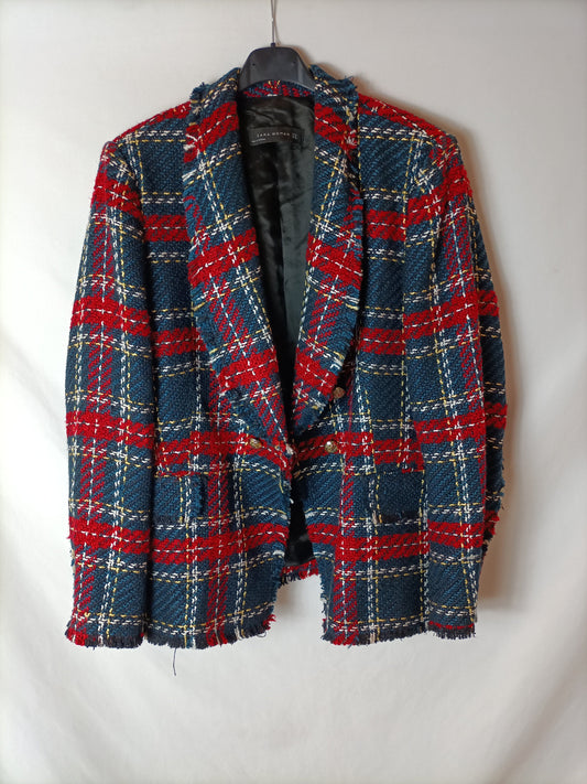 ZARA. Red and blue checked blazer, size XL