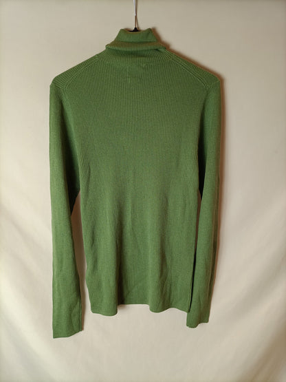 MASSIMO DUTTI. Jersey canalé cuello vuelto rosa. T M