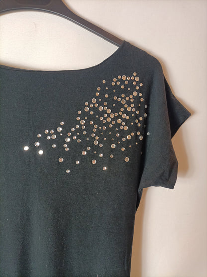 MASSIMO DUTTI. Camiseta negra elástica pedrería. T S