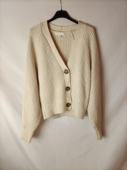 H&amp;M. beige ribbed cardigan T.xs