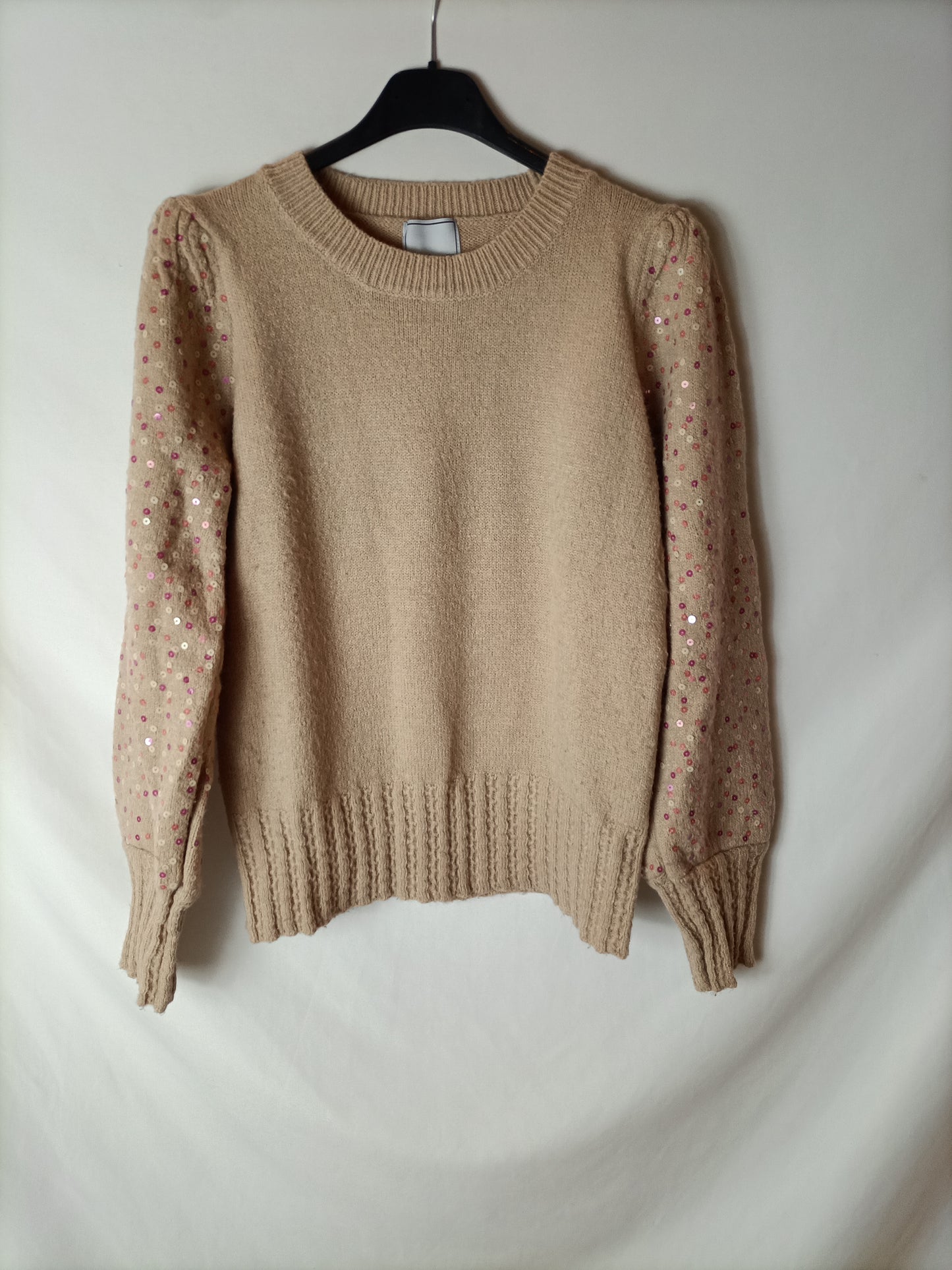 LOVE M. Jersey beige manga lentejuelas. T U( S)