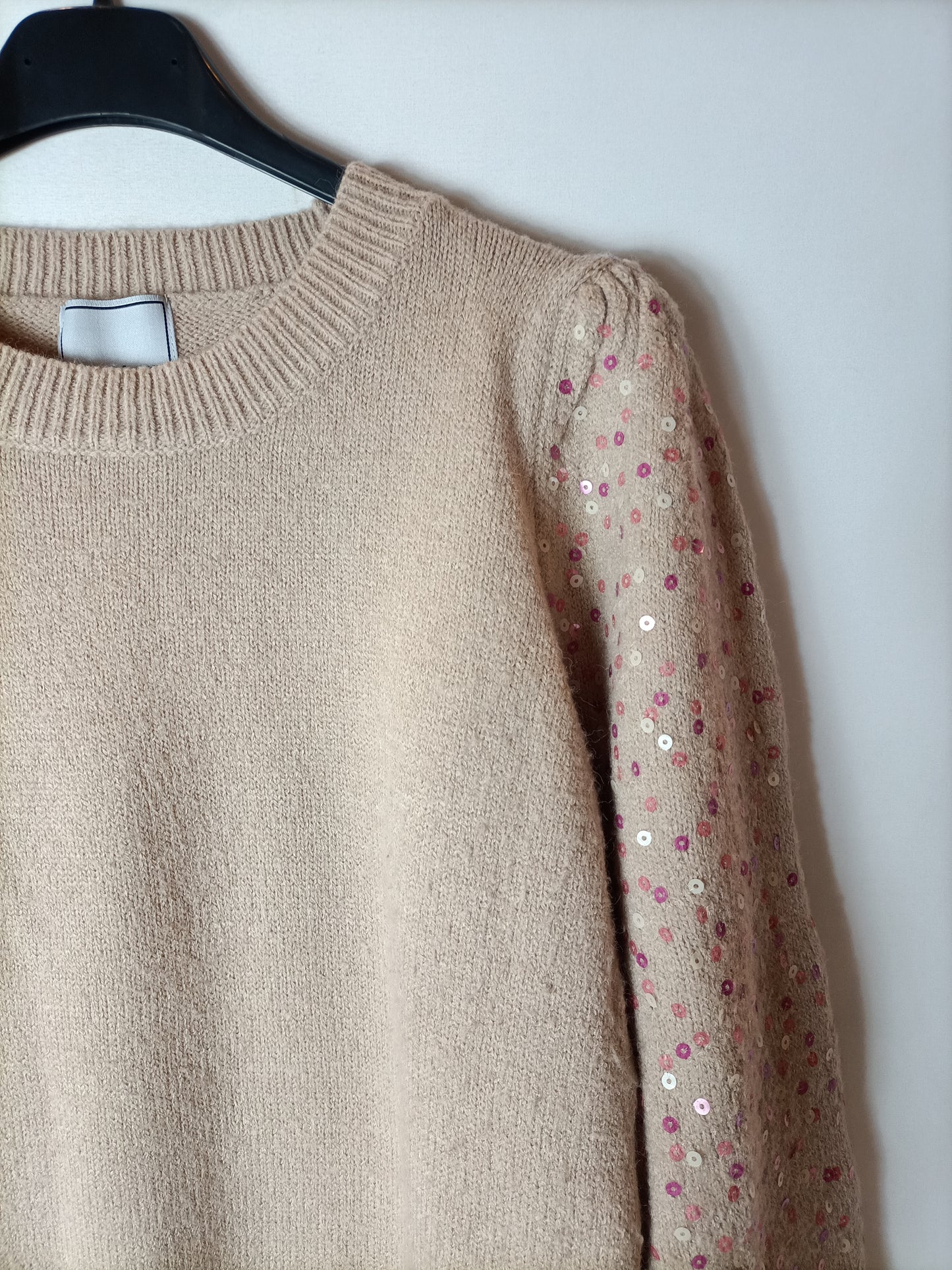 LOVE M. Jersey beige manga lentejuelas. T U( S)