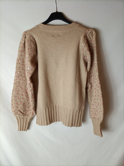 LOVE M. Jersey beige manga lentejuelas. T U( S)