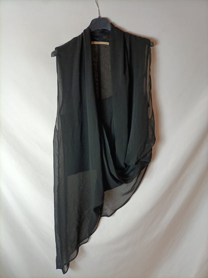 LOVE AND MONEY. Asymmetrical, semi-sheer black top. TM