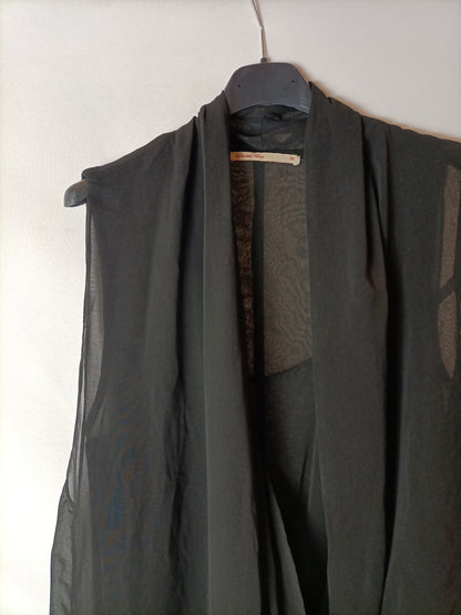 LOVE AND MONEY. Asymmetrical, semi-sheer black top. TM