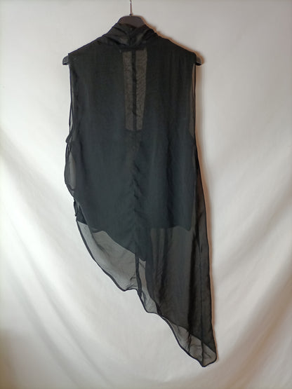 LOVE AND MONEY. Asymmetrical, semi-sheer black top. TM