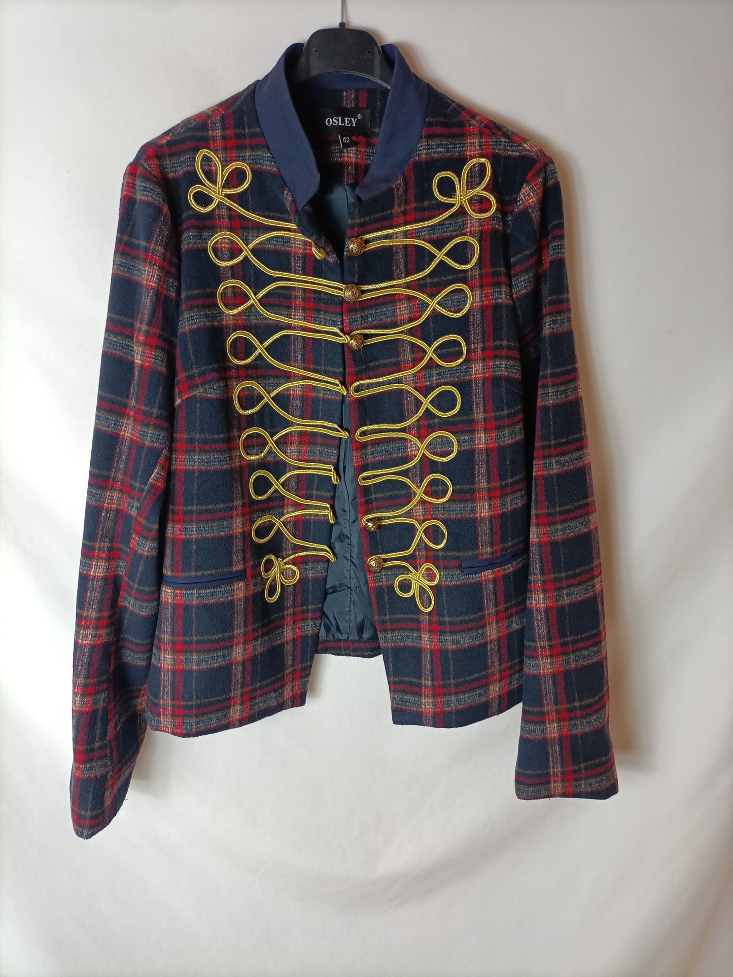 OSLEY. Checked blazer with gold detailing, size 42 (tare)