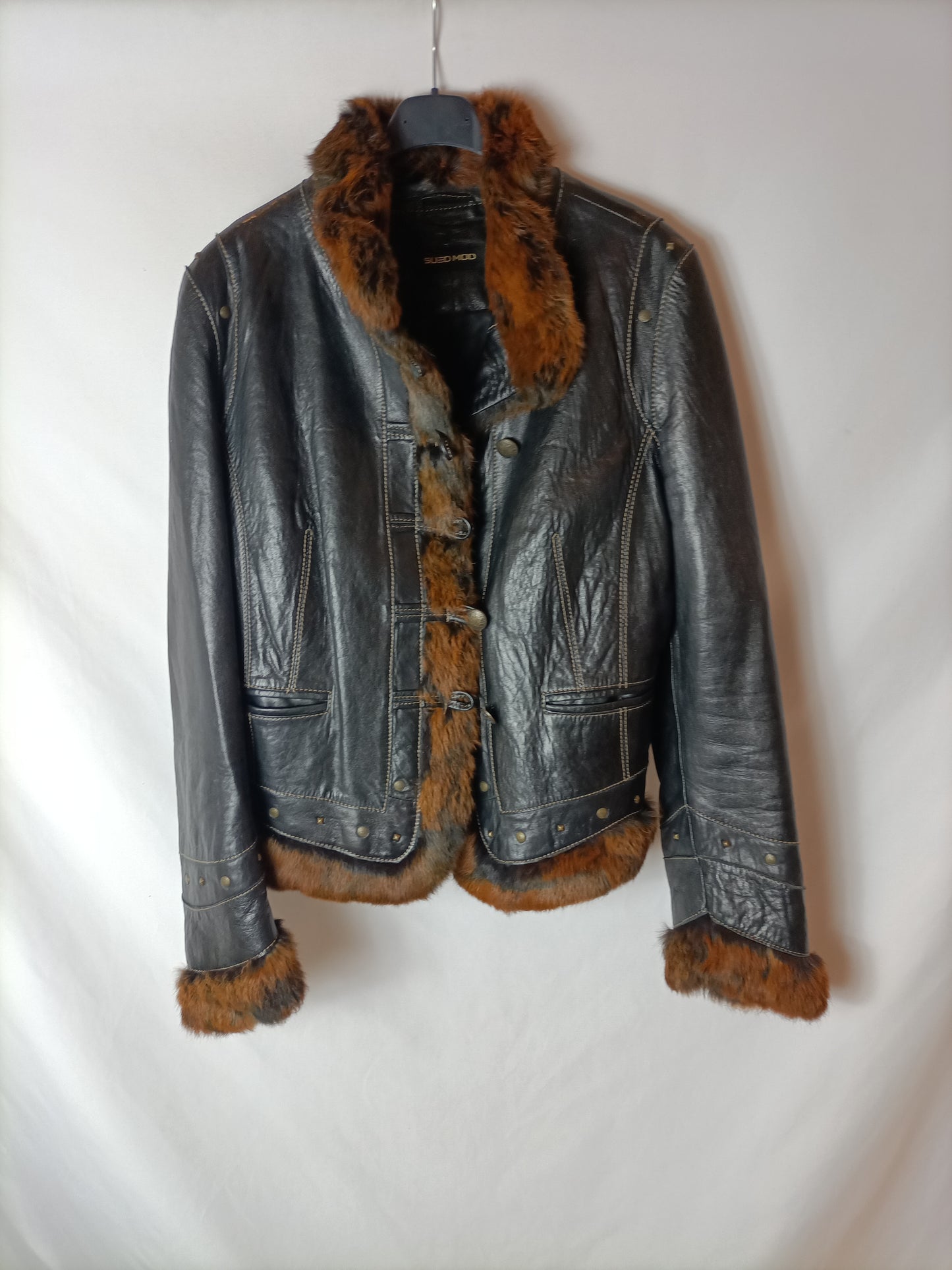 SUEDMOD. Black leather and fur jacket, size 44 (m/l)