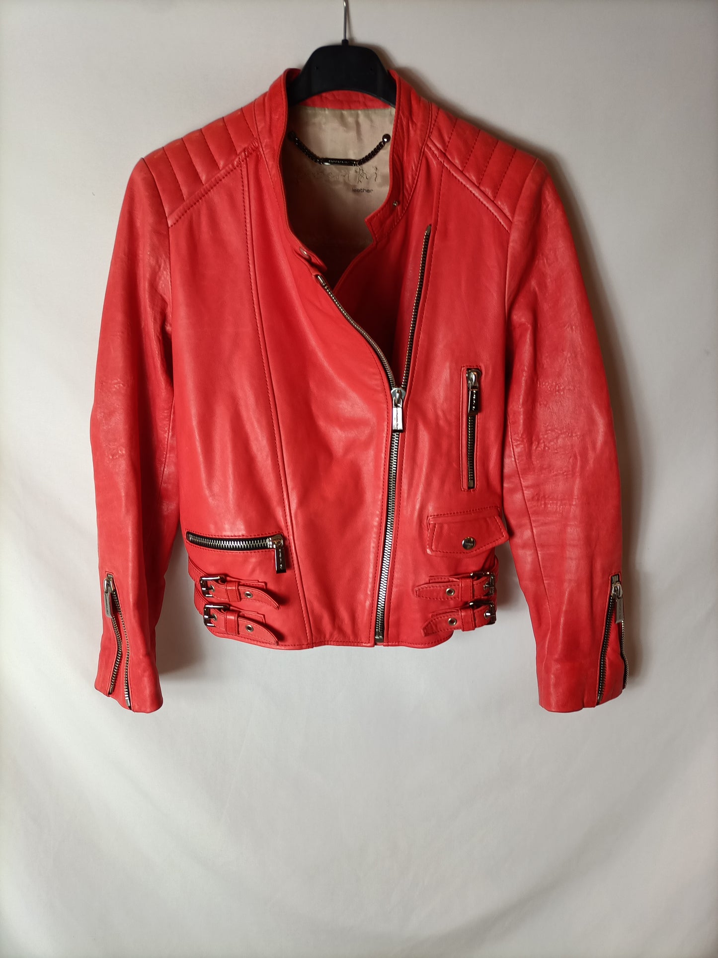 BARBARA BUI. Red leather jacket, size 38 (S)