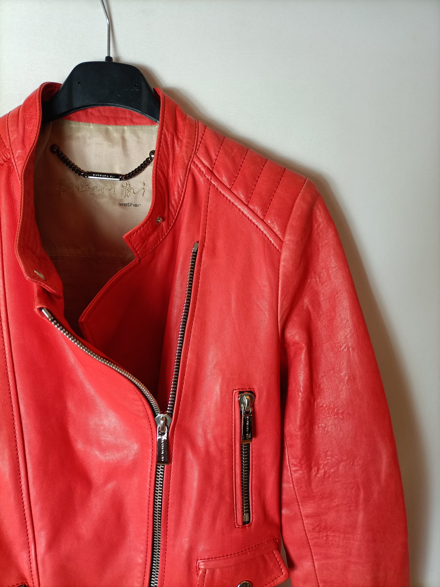 BARBARA BUI. Red leather jacket, size 38 (S)