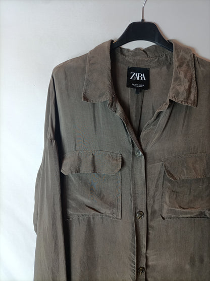 ZARA. Kimono camisero marrón T.m