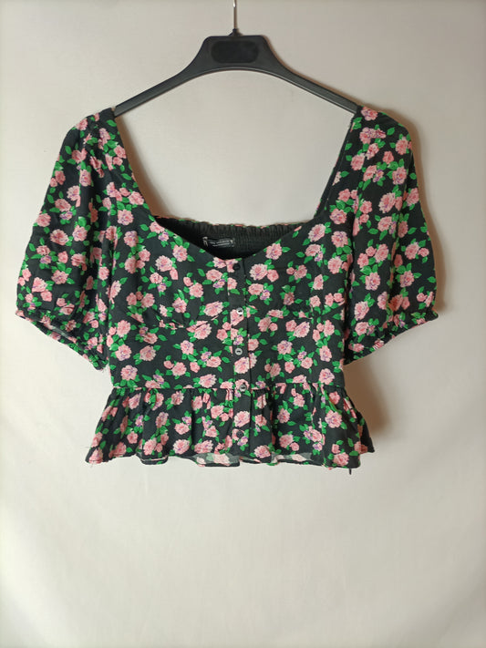 ZARA. Top negro flores T.s