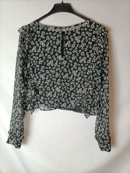 ZARA. Blusa negra flores T.s
