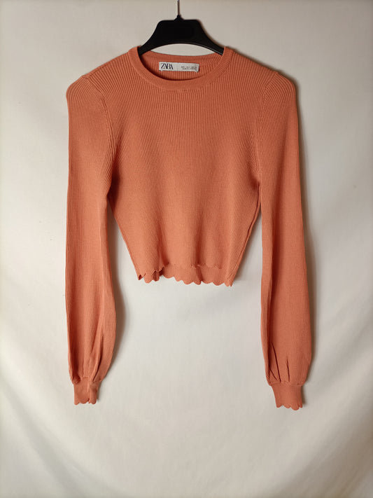 ZARA. Top canalé naranja T.s