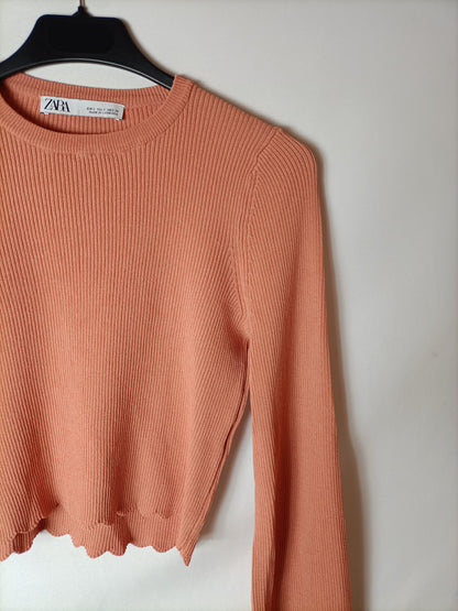 ZARA. Top canalé naranja T.s