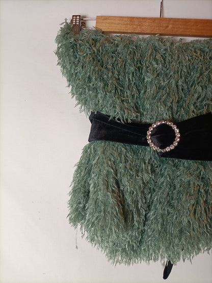 ZARA. Aqua green fringed strapless top. TM