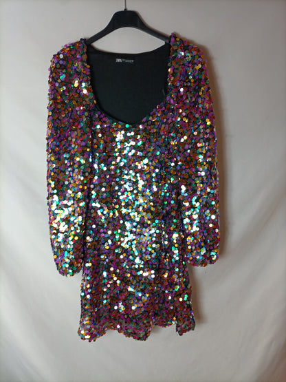 ZARA. Vestido lentejuelas multicolor. T XS