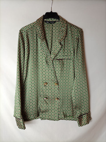 ZARA. Blusa tonos verdes cruzada T.s