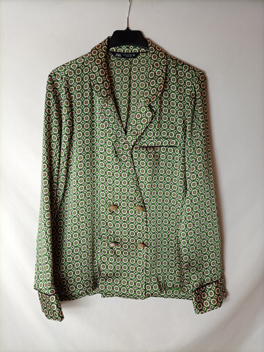 ZARA. Blusa tonos verdes cruzada T.s