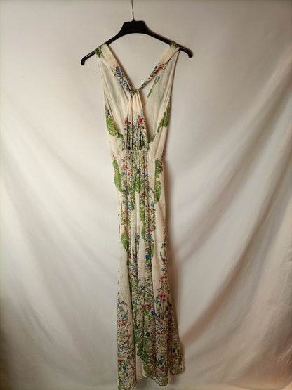 MAJE. Long printed beige chiffon dress. Size 34