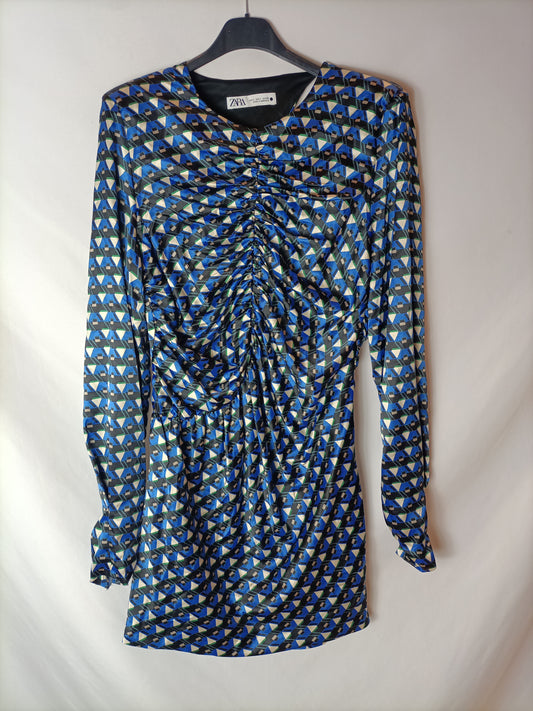 ZARA. Vestido fruncido azules T.l