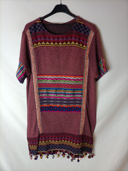ZARA. vestido burdeos étnico  T.m