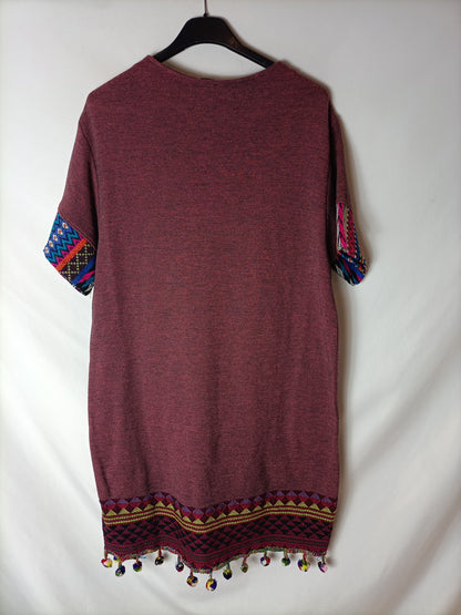 ZARA. vestido burdeos étnico  T.m