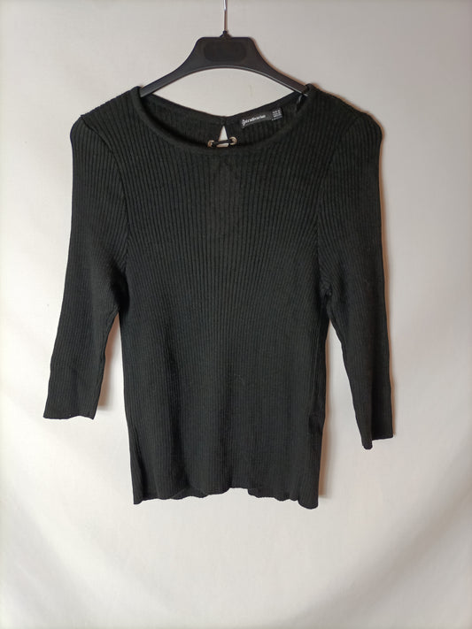 STRADIVARIUS. Top negro canalé cuerda T.m
