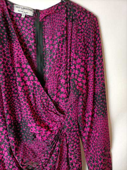 GUY LAROCHE. Black dress with pink print. Size 38