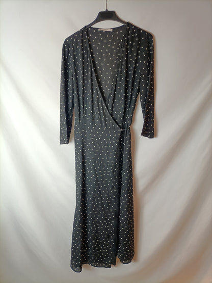 MANGO. Vestido midi negro lunares M