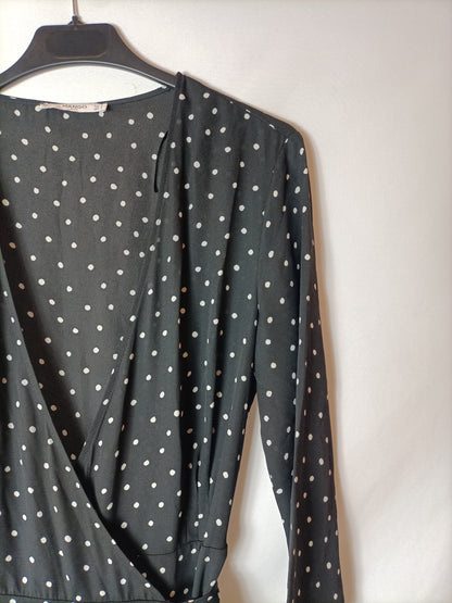 MANGO. Vestido midi negro lunares M
