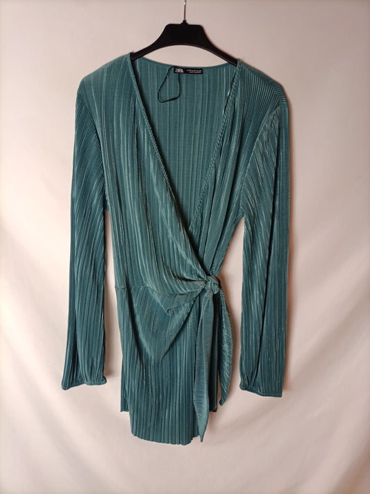 ZARA. Top/ vestido manga larga plisado azul claro. T M