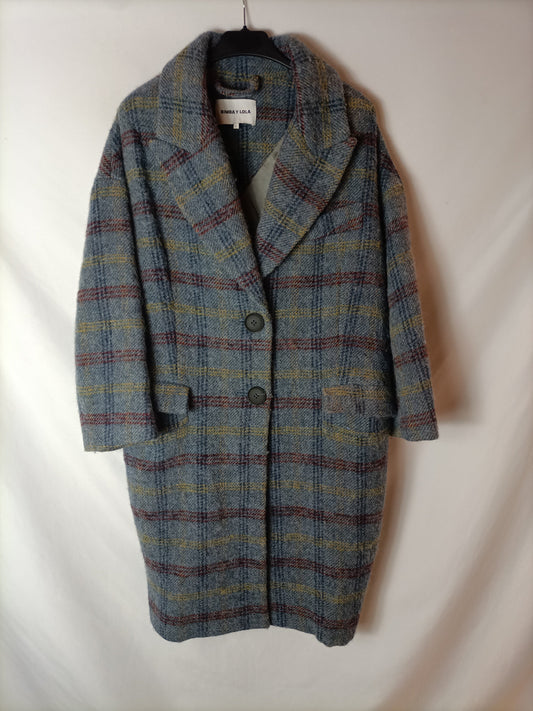 BIMBA Y LOLA. Abrigo azul cuadros. T L