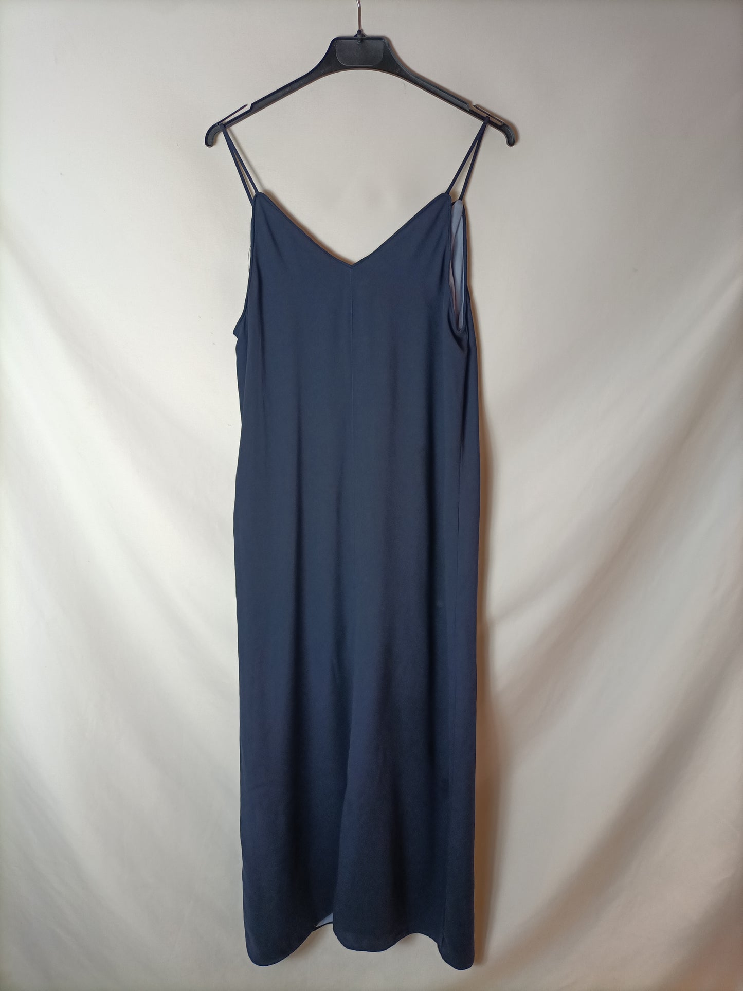 MANGO. Vestido midi azul doble capa. T M