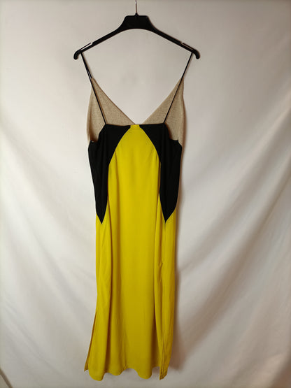 ZARA. Vestido midi amarillo texturas. T M