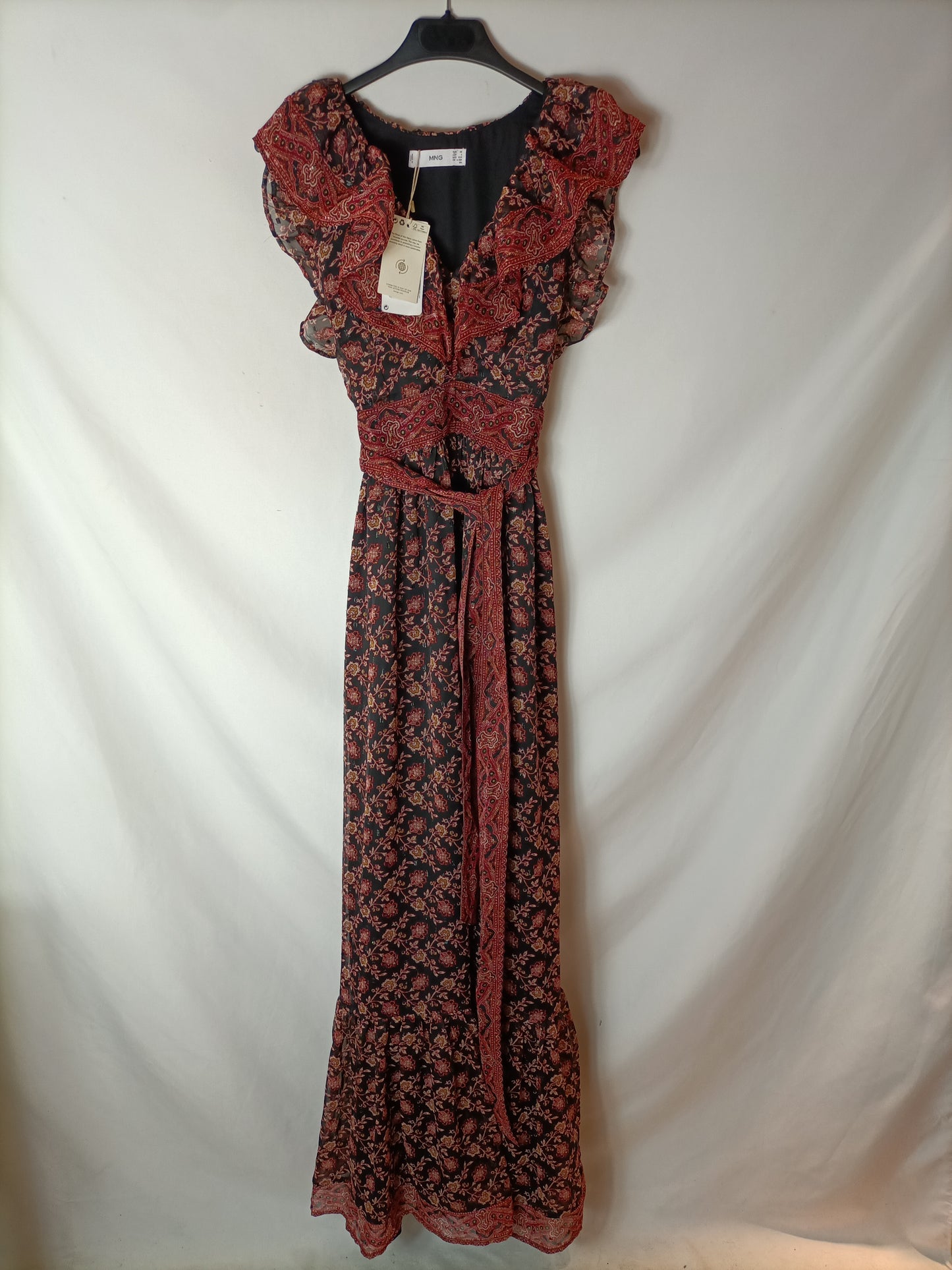 MANGO. Vestido largo negro estampado. T XS