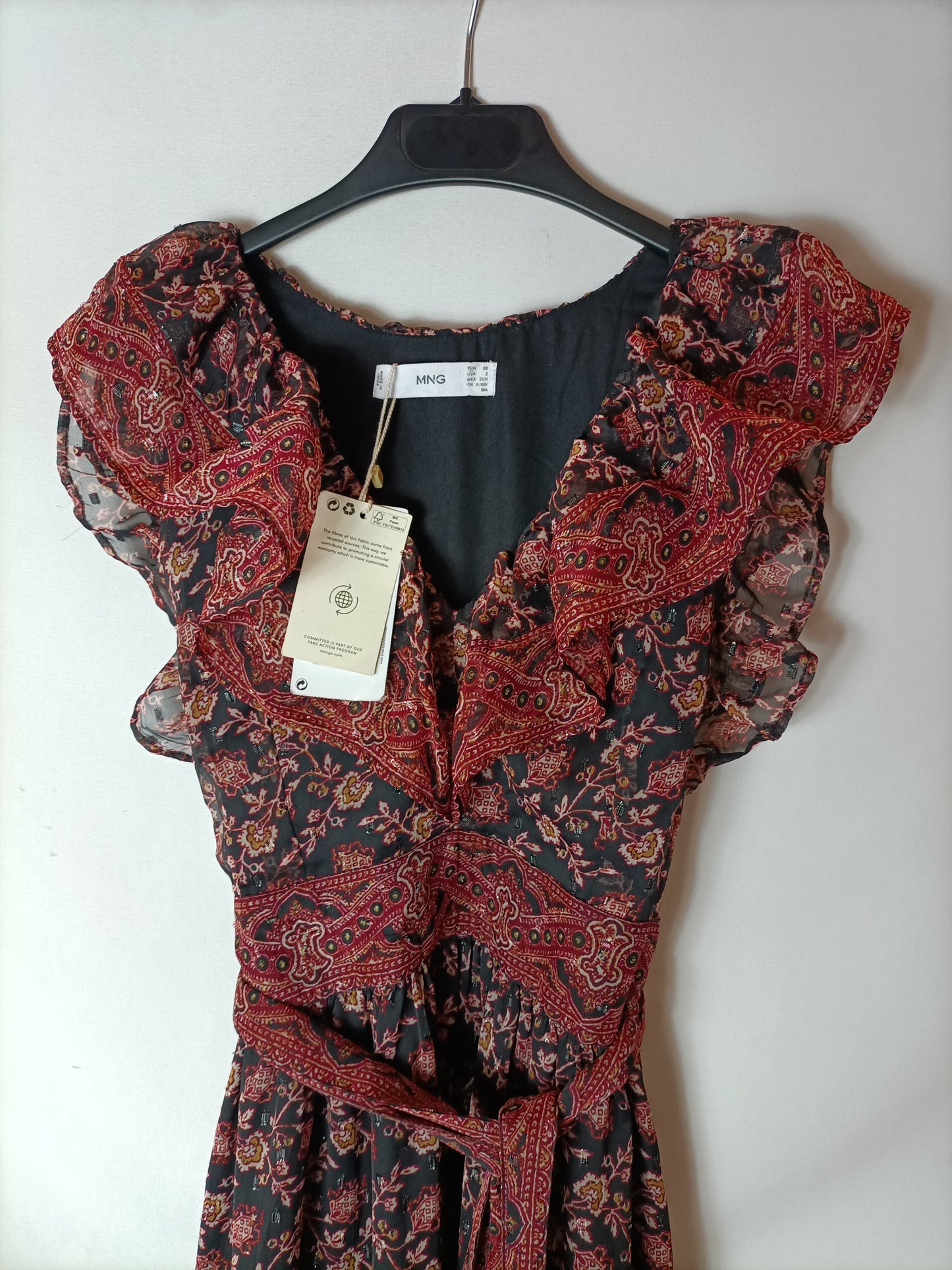 MANGO. Vestido largo negro estampado. T XS