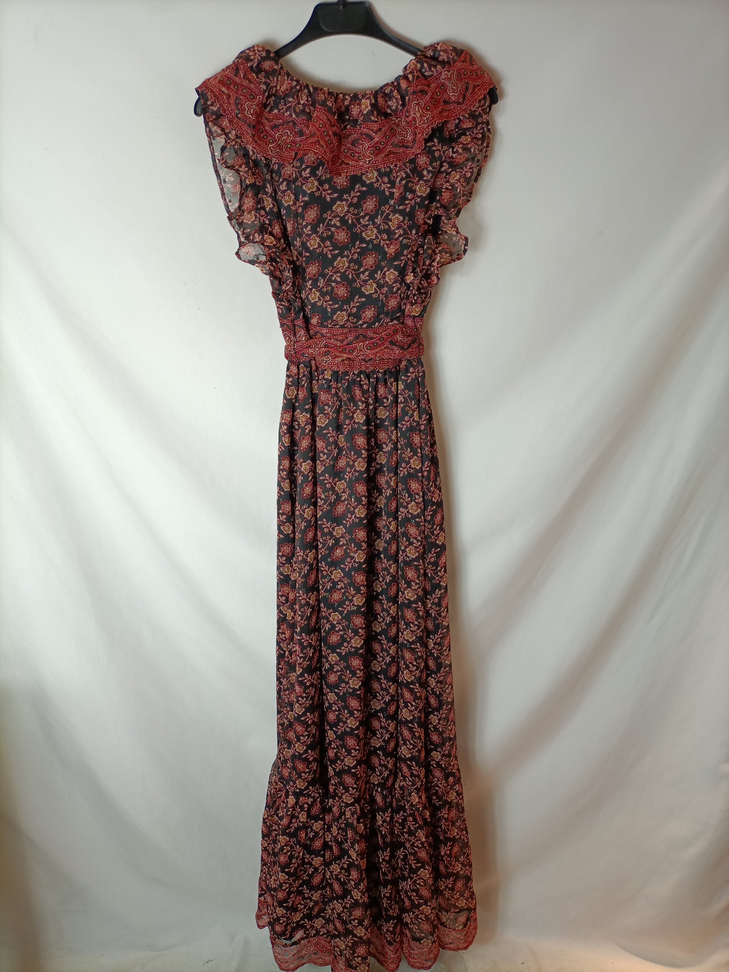 MANGO. Vestido largo negro estampado. T XS