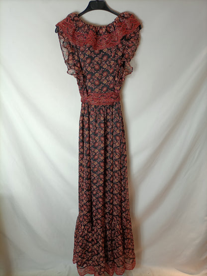 MANGO. Vestido largo negro estampado. T XS