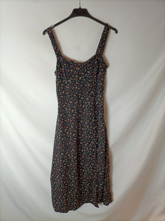ZARA. Vestido negro midi flores. T S