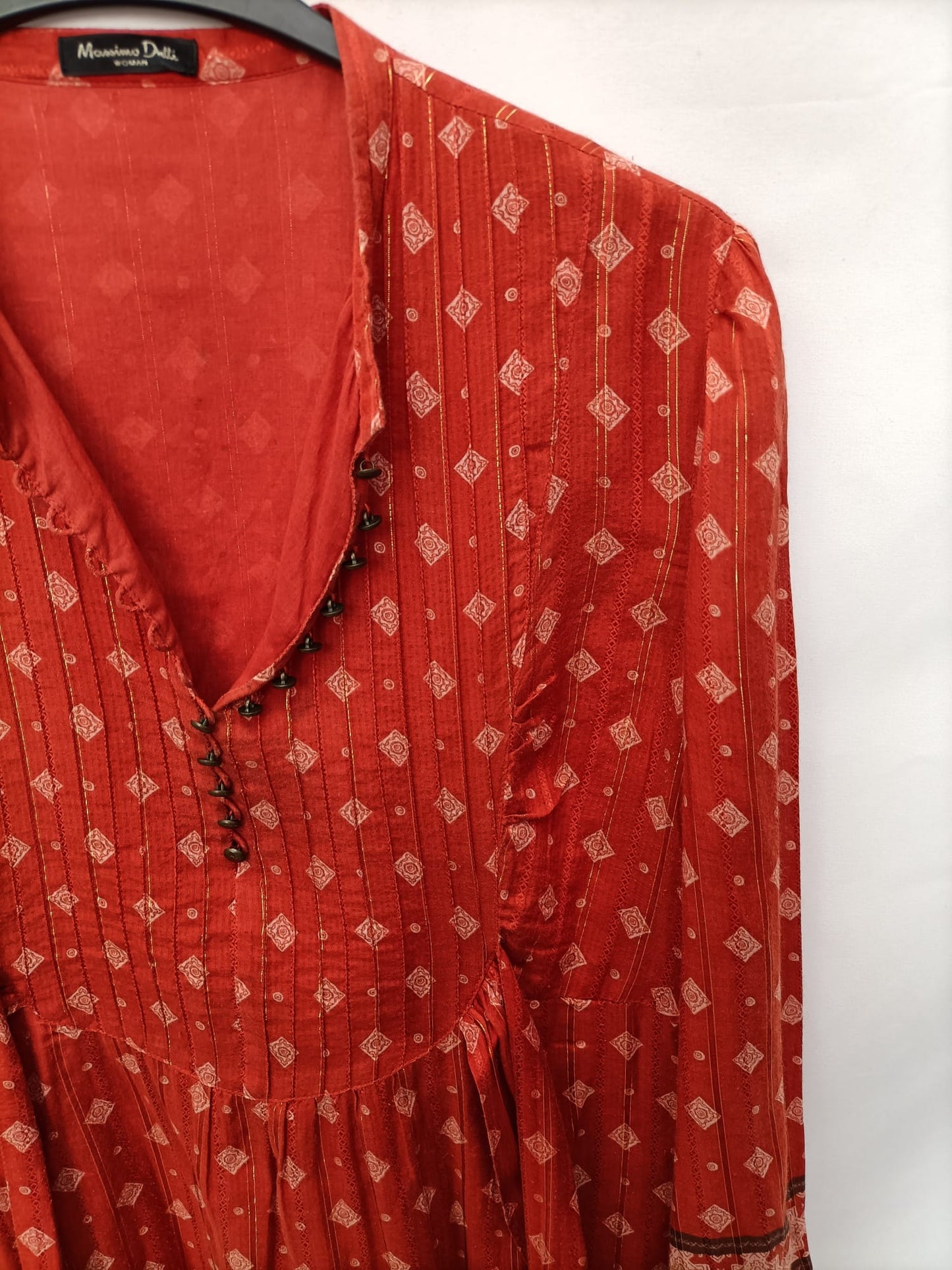 MASSIMO DUTTI. Vestido largo estampado color teja T.40