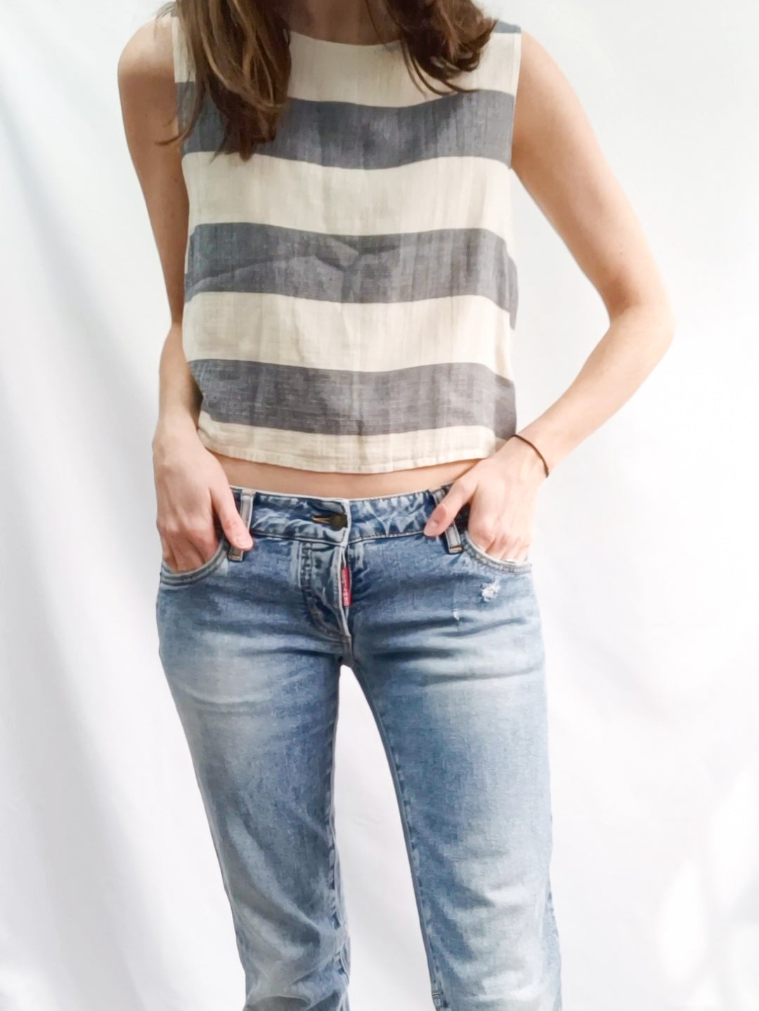 MANGO.Top rayas beige y gris T.s