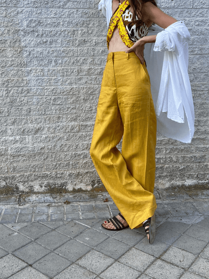 ZARA.Pantalón mostaza lino T.m