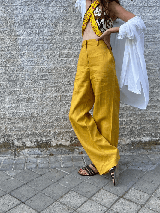 ZARA.Pantalón mostaza lino T.m