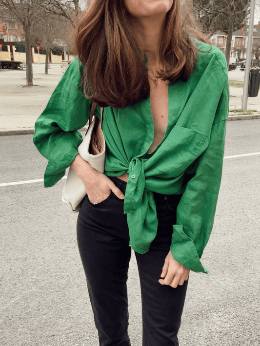 MANGO.Camisa verde lino T.m