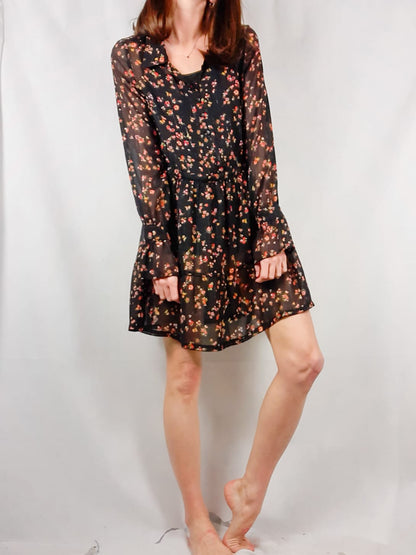 MANGO. Black floral semi-sheer dress T.xs